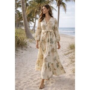Fox & Hen Tropical Botanical Maxi Dress Long Sleeve Cream Resort Vacation M